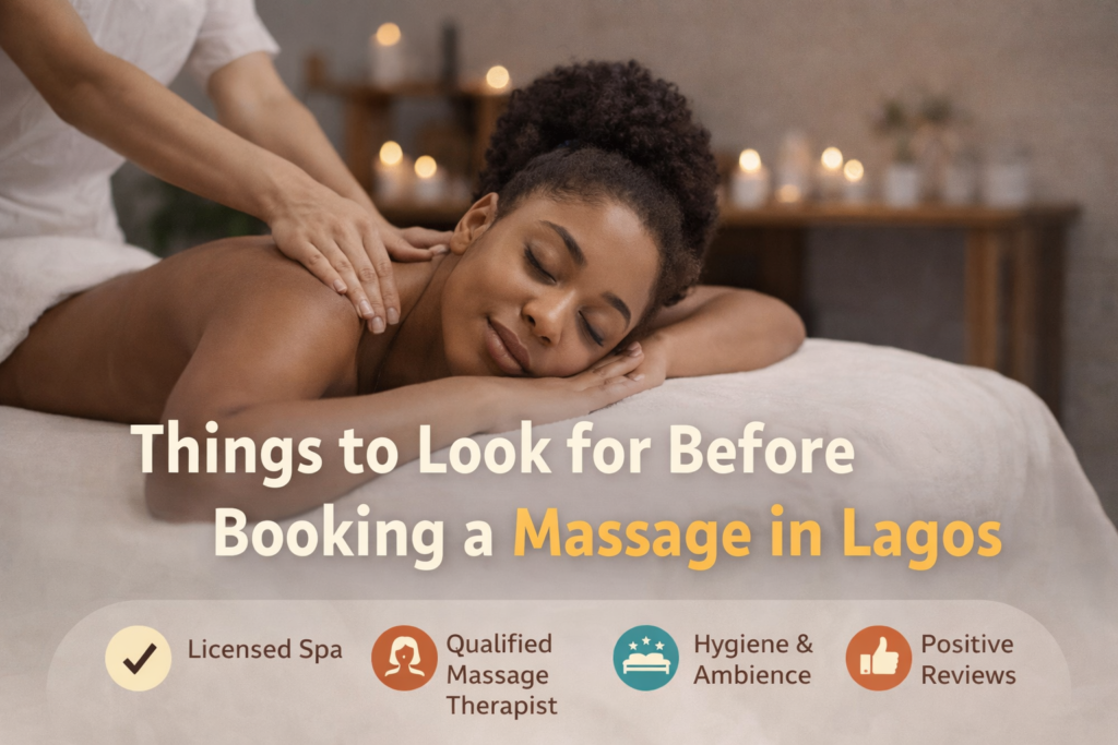 African woman enjoying a relaxing massage with tips on choosing a massage spa in Lagos including hygiene, qualified therapists and positive reviews