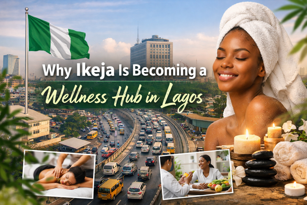 African woman enjoying spa relaxation with Lagos Ikeja city background, representing wellness and massage services in Ikeja Lagos