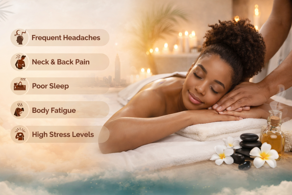 African woman relaxing during a massage therapy session in a calm spa environment with candles, oils, and wellness elements