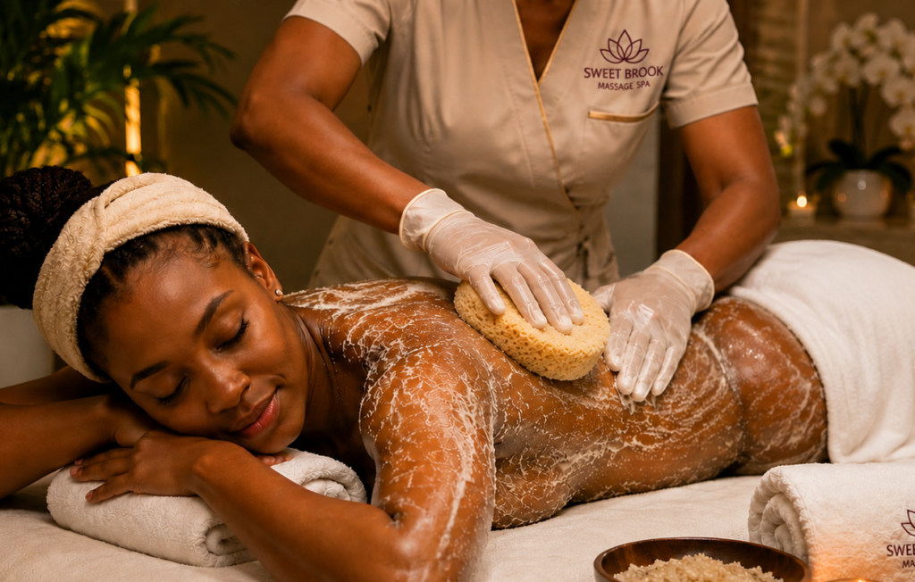 African woman enjoying a luxurious full body wash spa treatment at Sweet Brook Massage Spa in Ikeja, Lagos, as a professional therapist gently exfoliates her back with a sponge in a premium wellness environment.