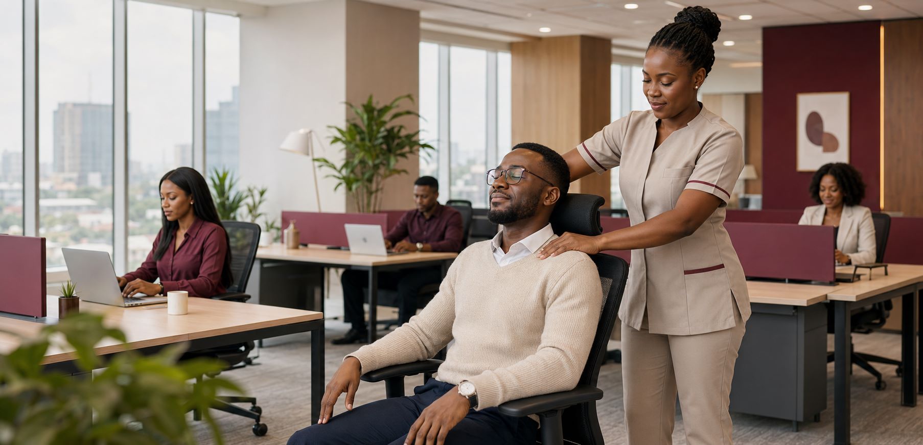 Sweet Brook therapist providing workplace massage during a corporate wellness programme in Lagos