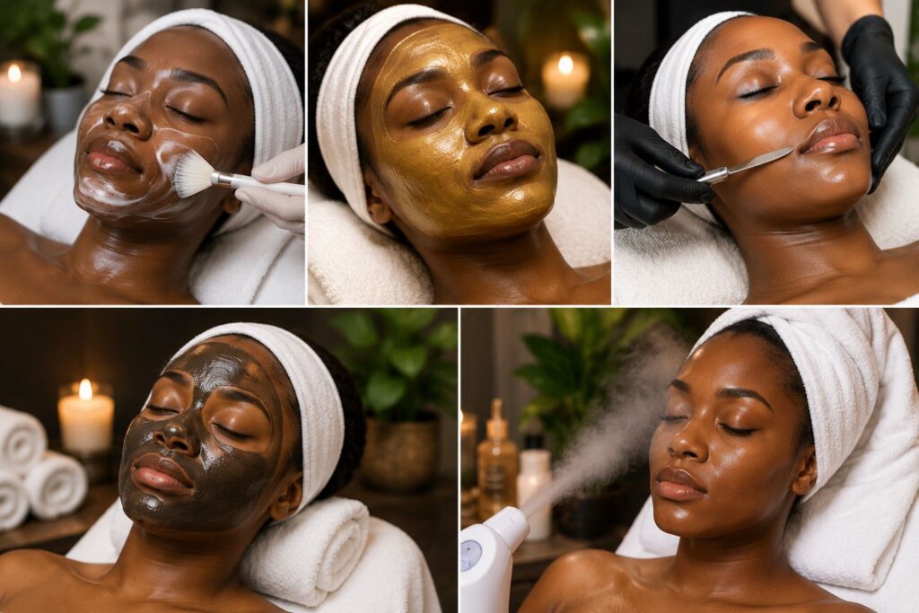 A targeted facial treatment for slowing down aging, showing an African woman relaxed during a professional session. A qualified aesthetician applies a powerful serum to rejuvenate skin and reduce early signs of aging, she's in a peaceful Ikeja-style spa