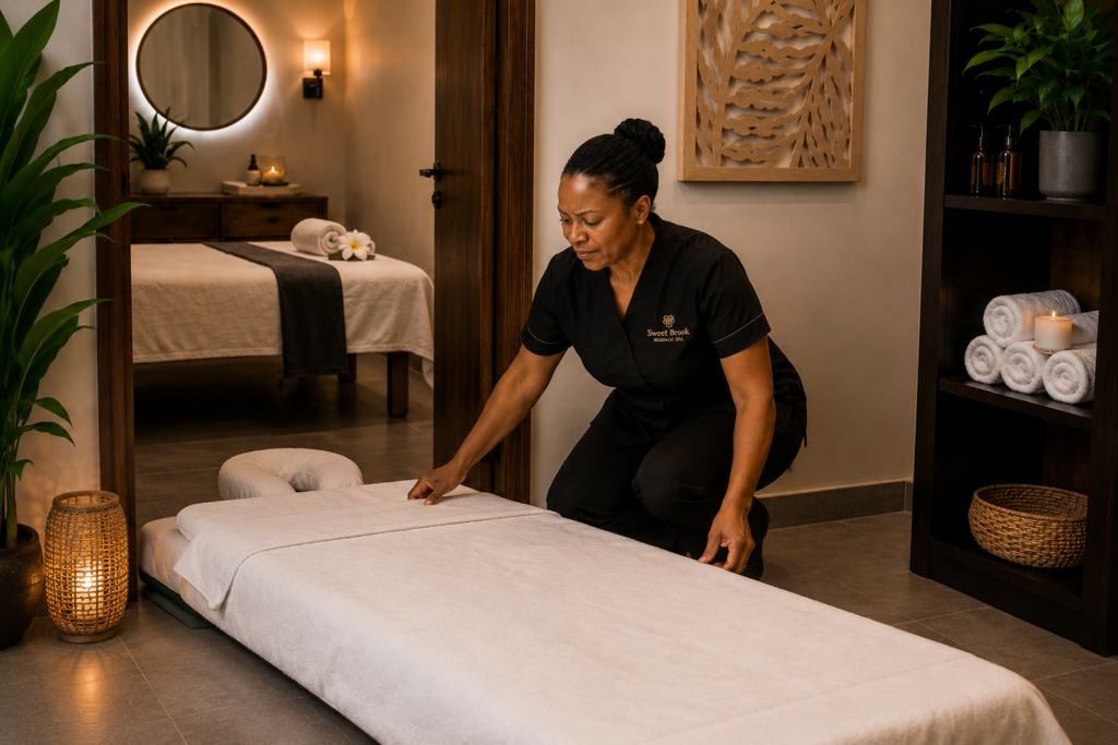Therapist preparing a home service massage in an Ikeja residence
