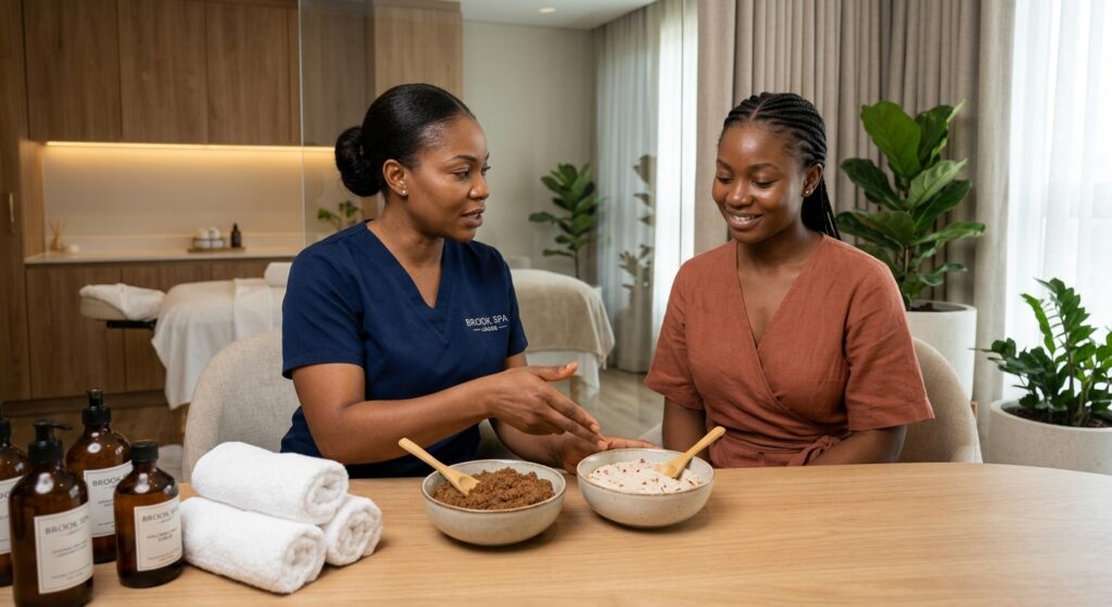 Client comparing body scrub and body polish treatments at an Ikeja spa