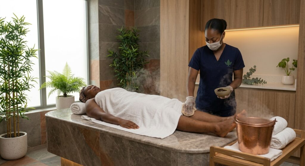 Client enjoying a professional hammam bath experience in Ikeja