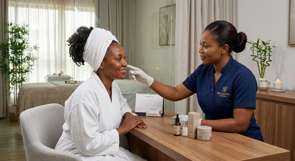 Client discussing how often to get a facial with an Ikeja spa therapist