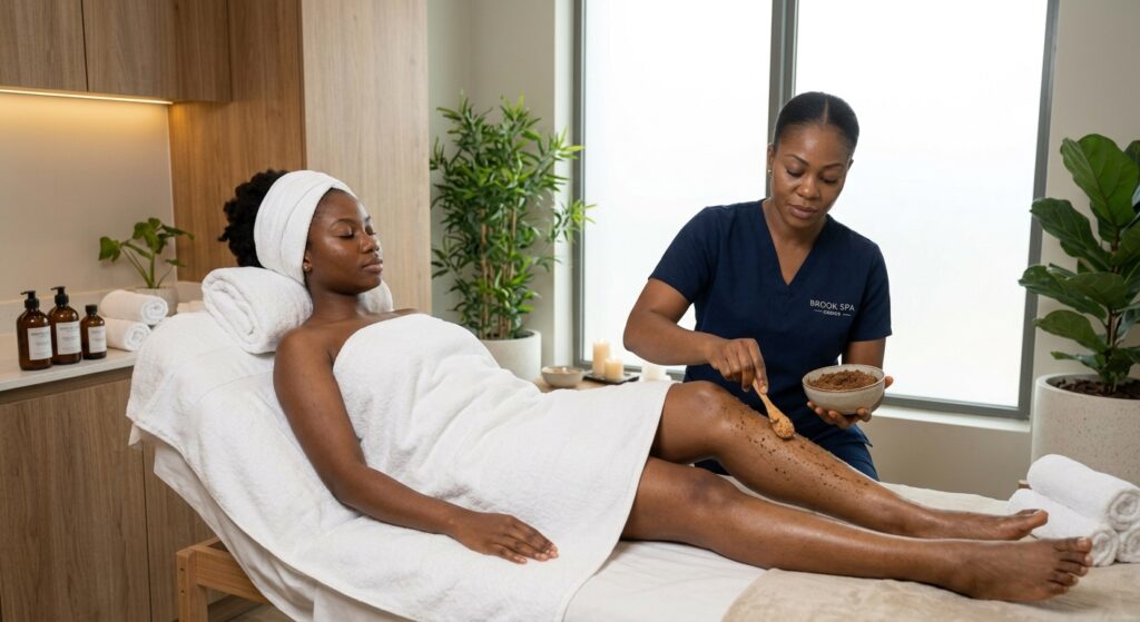 Client receiving a professional body wash treatment at an Ikeja spa