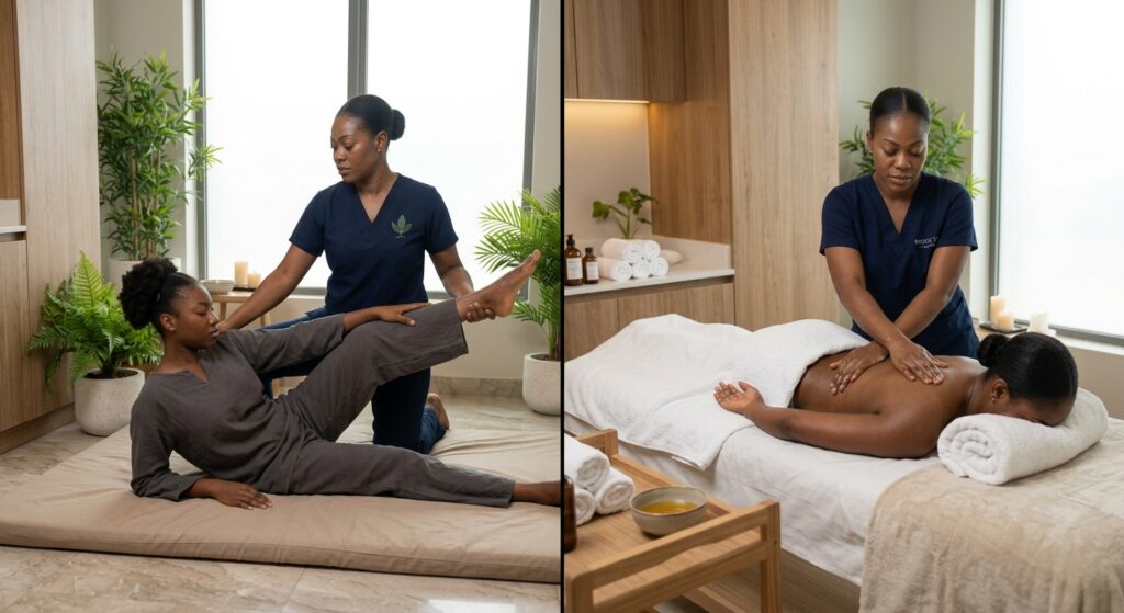 Clients comparing Thai and Swedish massage treatments at an Ikeja spa