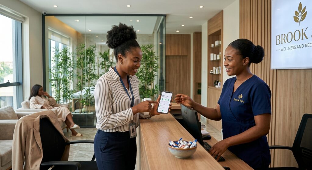 HMO enrollee confirming massage benefits at an approved spa in Lagos