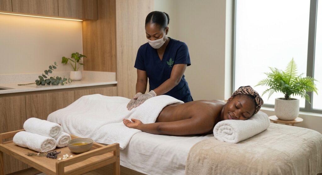 Client enjoying a professional aromatherapy massage at an Ikeja spa